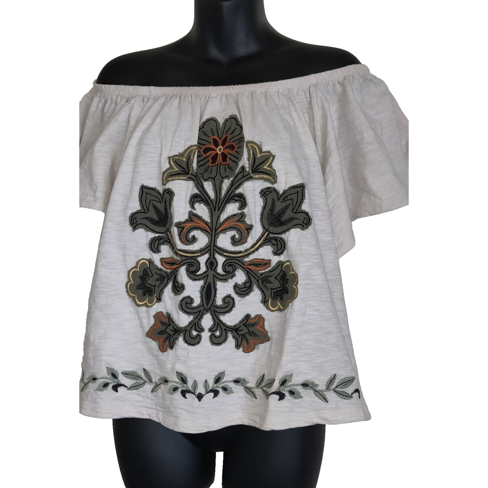 Democracy Peasant Top Sz L Boho Gypsy Off White Beige Flutter Sleeve Runs Small - Picture 2 of 16